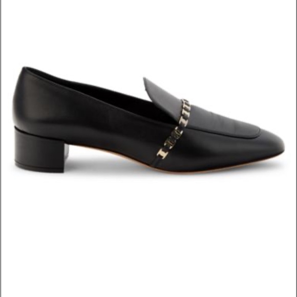 Ferragamo Chain Trim Black Leather Heeled Loafers Size 8 1/2 C - Picture 2 of 8